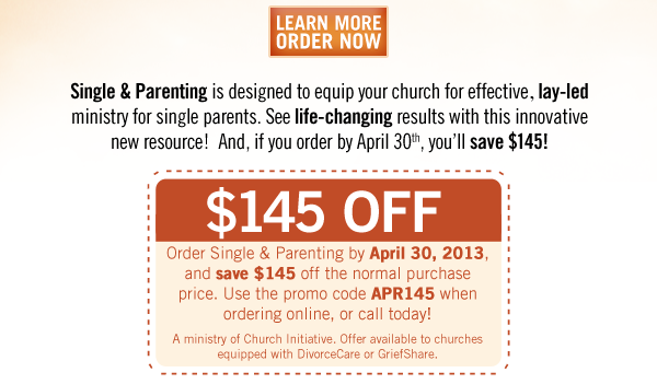 Single & Parenting is designed to equip your church for effective, lay-led ministry for single parents. See life-changing results with this innovative new resource!  And, if you order by April 30th, you’ll save $145!