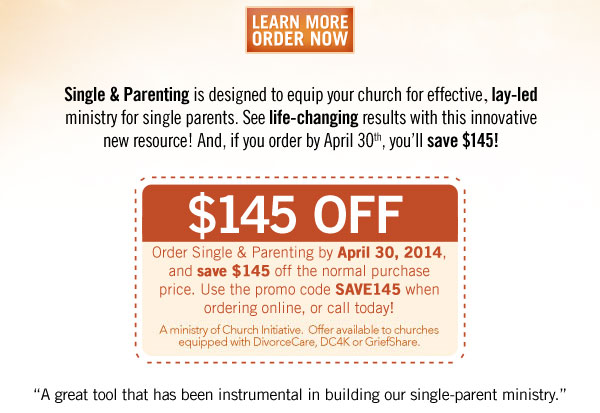 Single & Parenting is designed to equip your church for effective, lay-led ministry for single parents. See life-changing results with this innovative new resource!  And, if you order by April 30th, you’ll save $145!