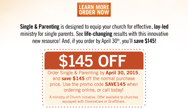 Single & Parenting is designed to equip your church for effective, lay-led ministry for single parents. See life-changing results with this innovative new resource!  And, if you order by April 30th, you’ll save $145!