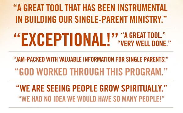 A great tool that has been instrumental in building our Single-Parent ministry. Exceptional! A great tool well done. Jam-packed with valuable information for single-parents! God worked through this program. We are seeing people grow spiritully. We had no idea we would have so many people